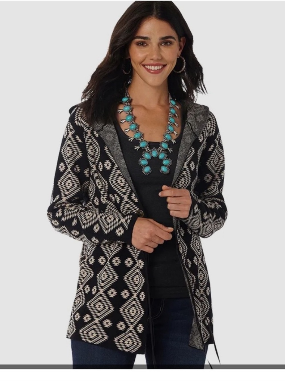 Wrangler Black & Cream Geometric Tie-Front Cardigan